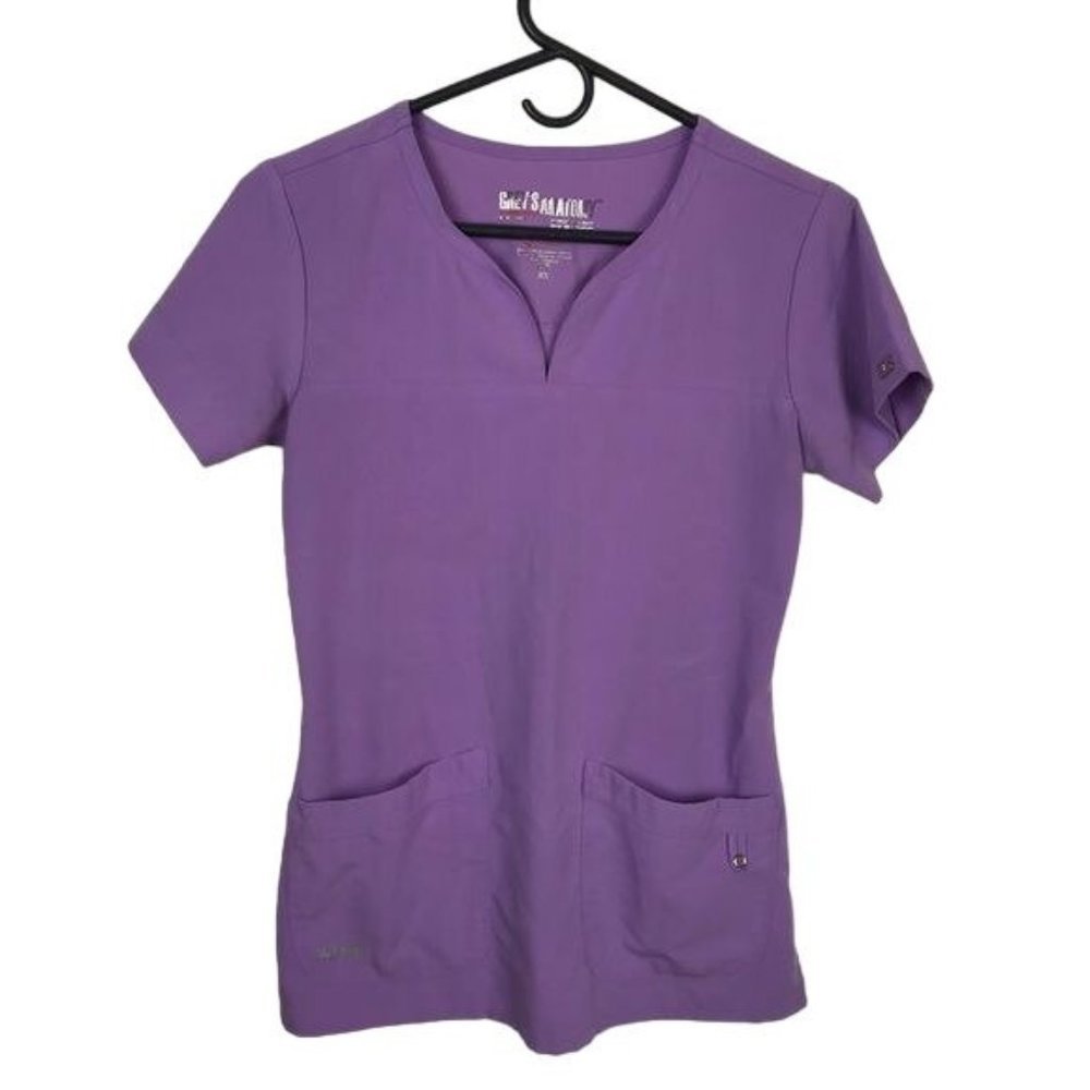 Grey’s Anatomy Women Purple Gray Lot of 2 Nursing Vet Tech Scrub Tops Size XS